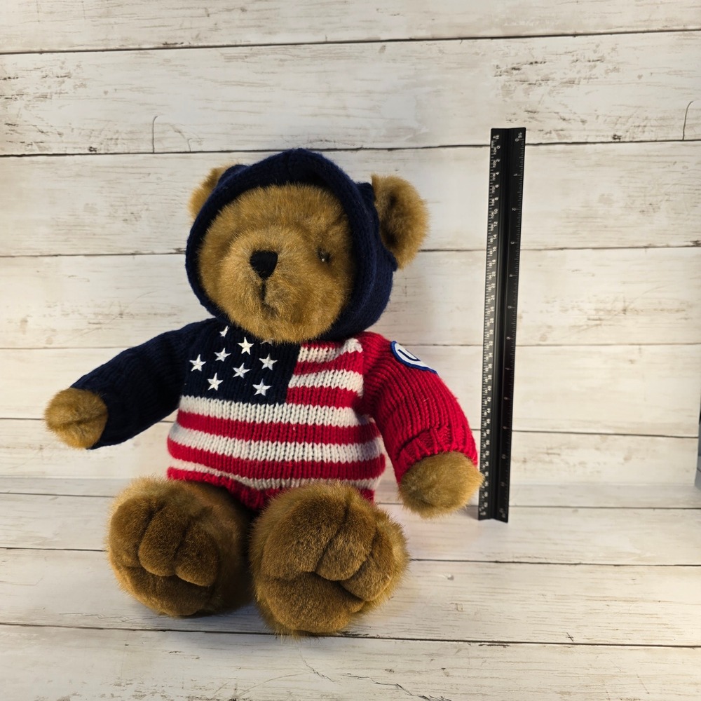 VTG Patriotic Teddy Bear Plush in USA American Flag Hooded Knit Sweater 12 Inch